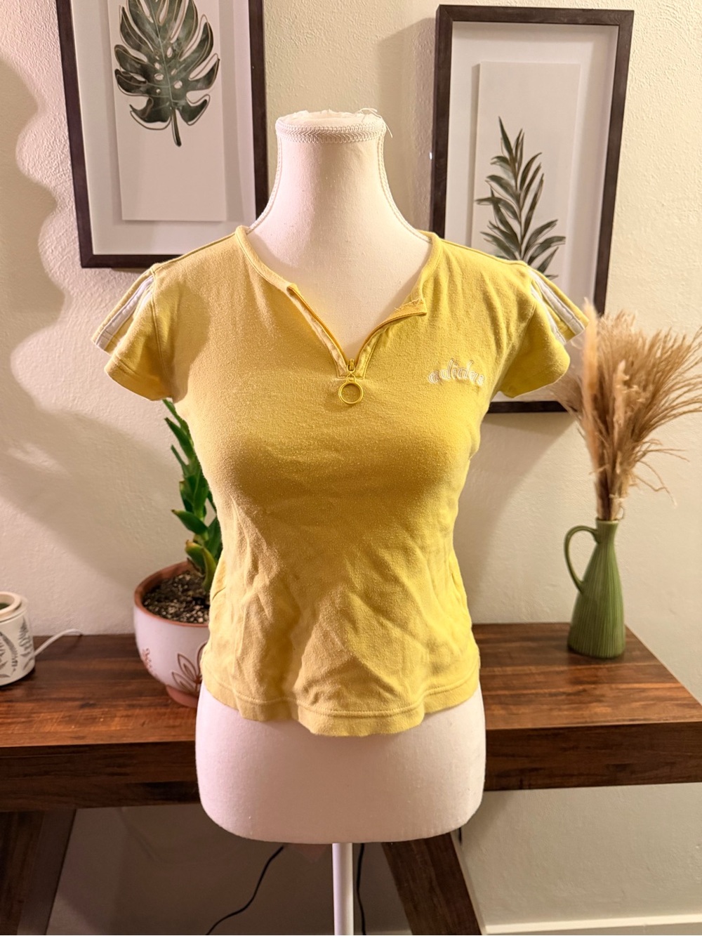 Adidas Yellow Baby Tee Quarter Zip Ring Pull 3 Stripe Y2K Sporty Size L